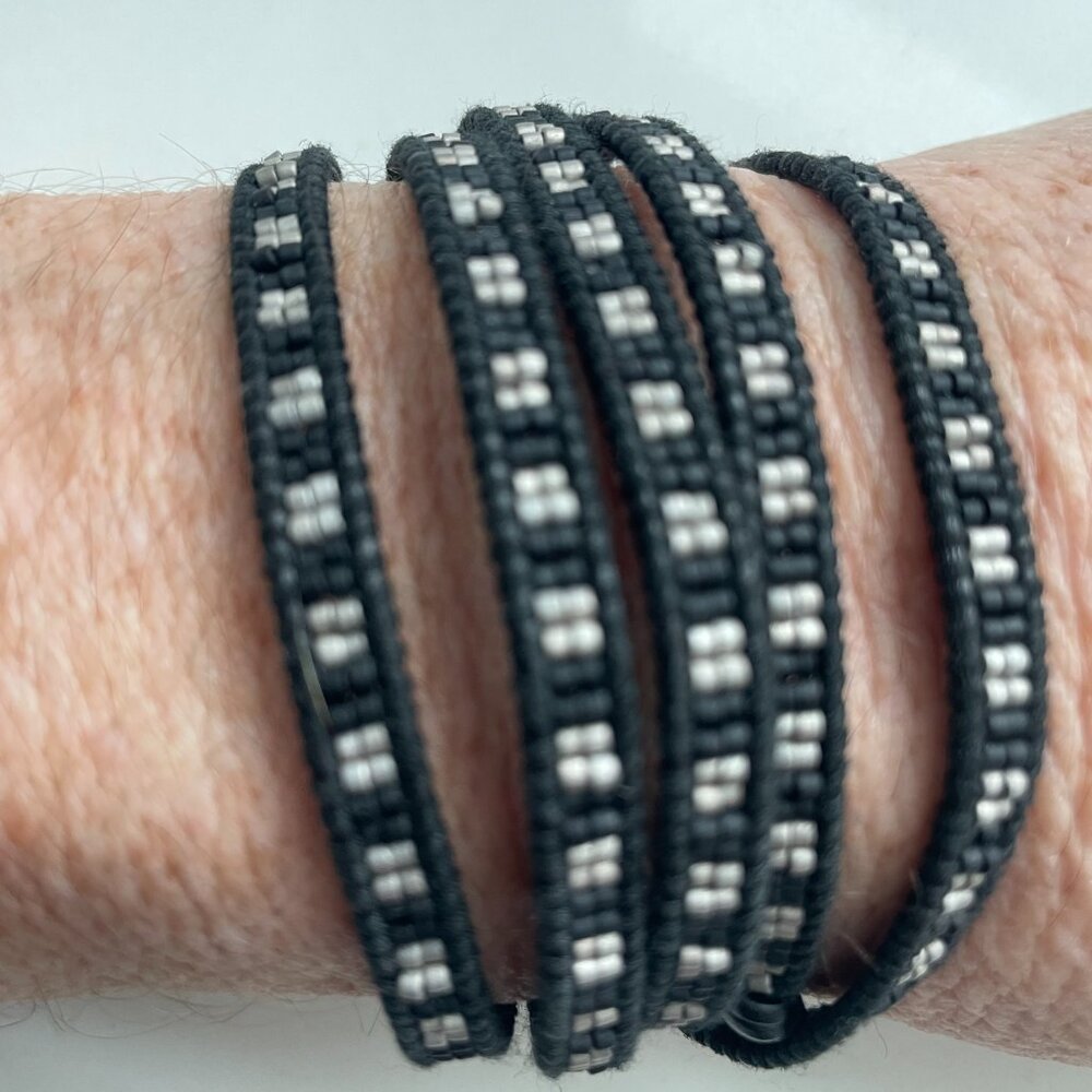 Chan Luu Five Wrap Bracelet Featuring Taupe Beads and Black Leather Band